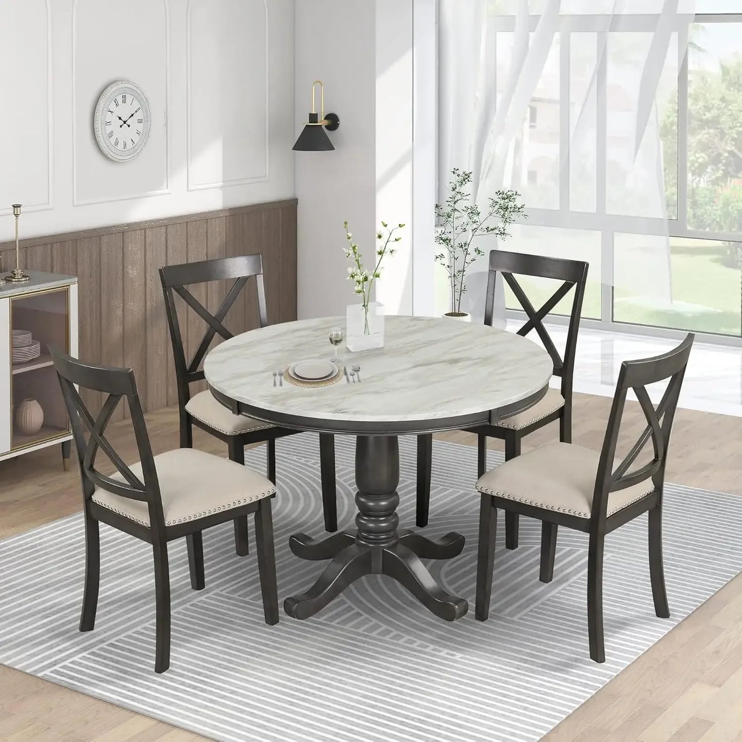 5-Piece Farmhouse Dining Table Set Wood Round Extendable Dining Table and 4 Upholstered Dining Chairs Suitable for living room