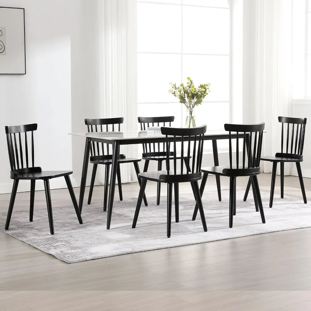 Windsor Dining Chair Set of 6 Farmhouse Solid Wood Spindle Back Side Chair Mid-Century Modern Black Armless Kitchen Chair