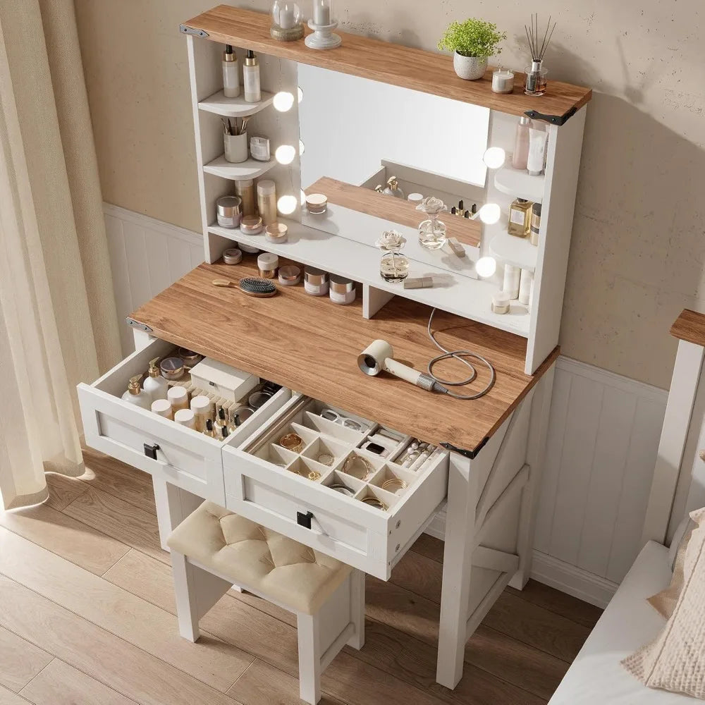 Vanity Desk with Mirror and Lights 31.5" W Farmhouse Makeup Vanity Desk with Charging Station, Stool Not Included, Vanity Table