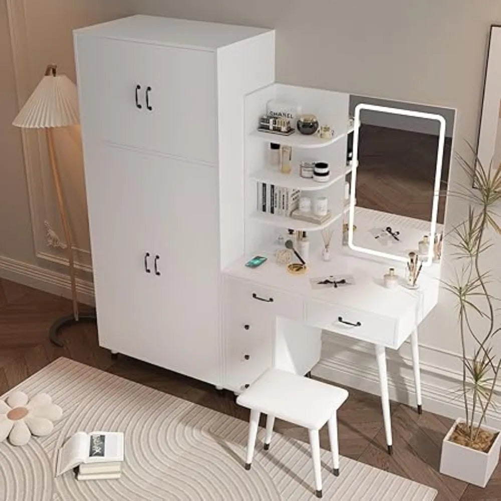 Vanity Table Set with Mirror and Lights, Makeup   Table with Charging Station & Removable LED Mirror, Dressers