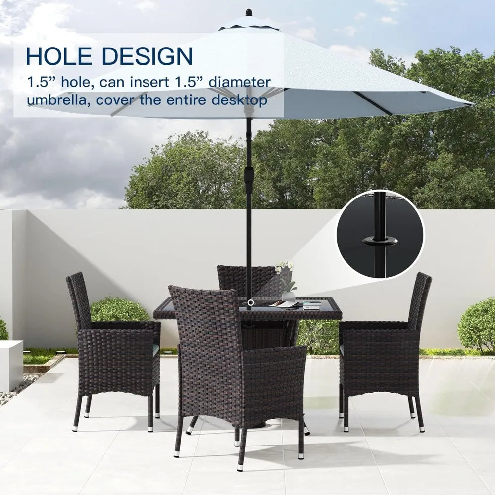 15-Piece Outdoor Dining Set,Square Glass Tabletop with Umbrella Hole for Patio,Backyard,Garden,Patio Rattan Furniture Set