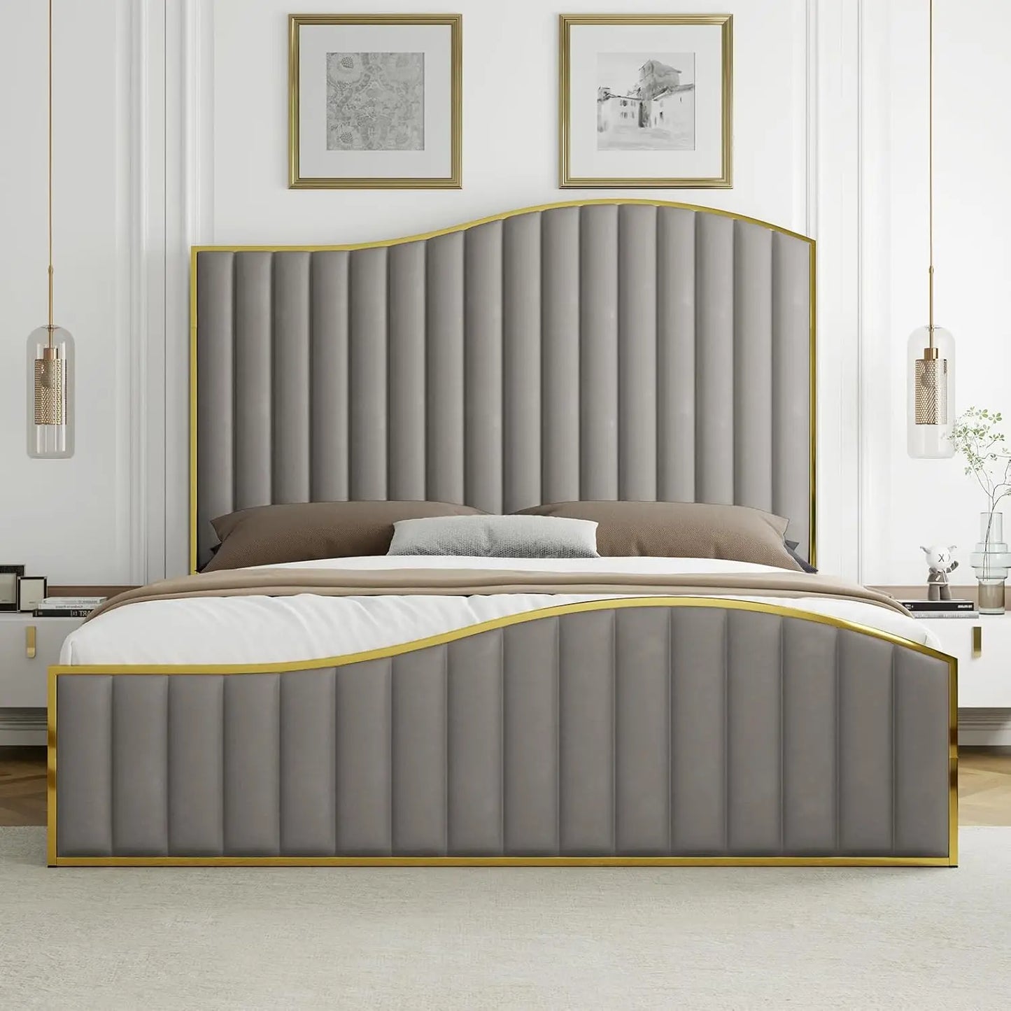 King Size Harp Bed Frame, Velvet Upholstered Platform Beds with 61.4" Vertical Channel Footboard/Wooden Slats, Bed Fram