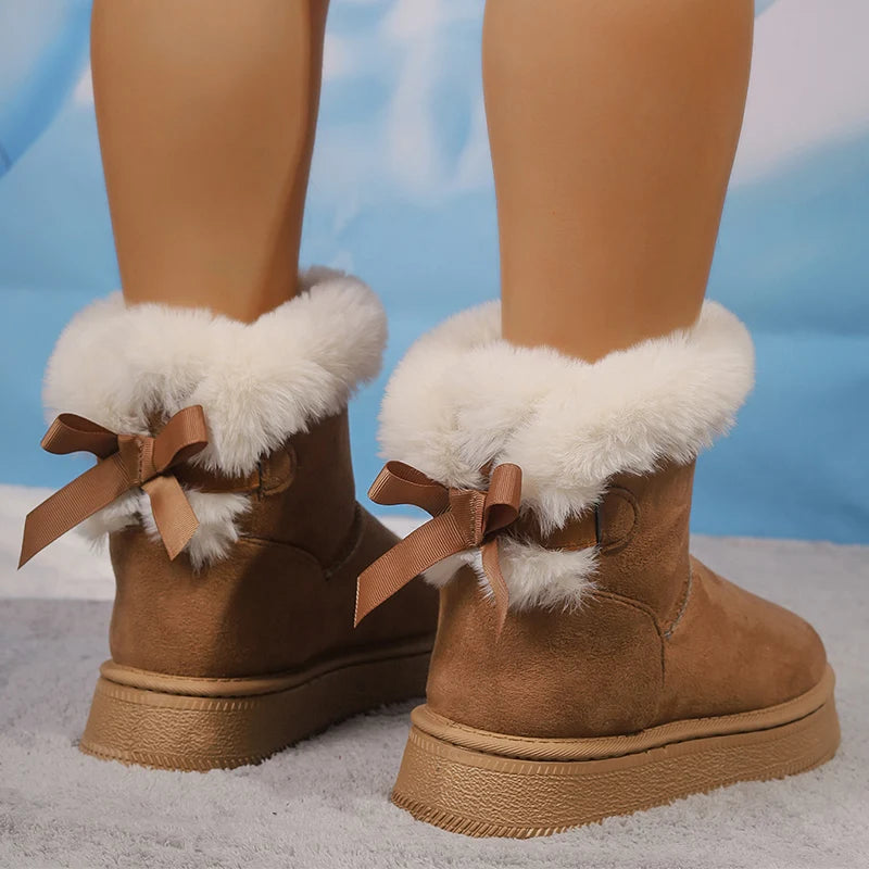 Winter Faux Suede Women Fluffy Snow Boots Warm Plush Platform Ankle Booties Woman Bow Slip On Cotton Boots 36-42