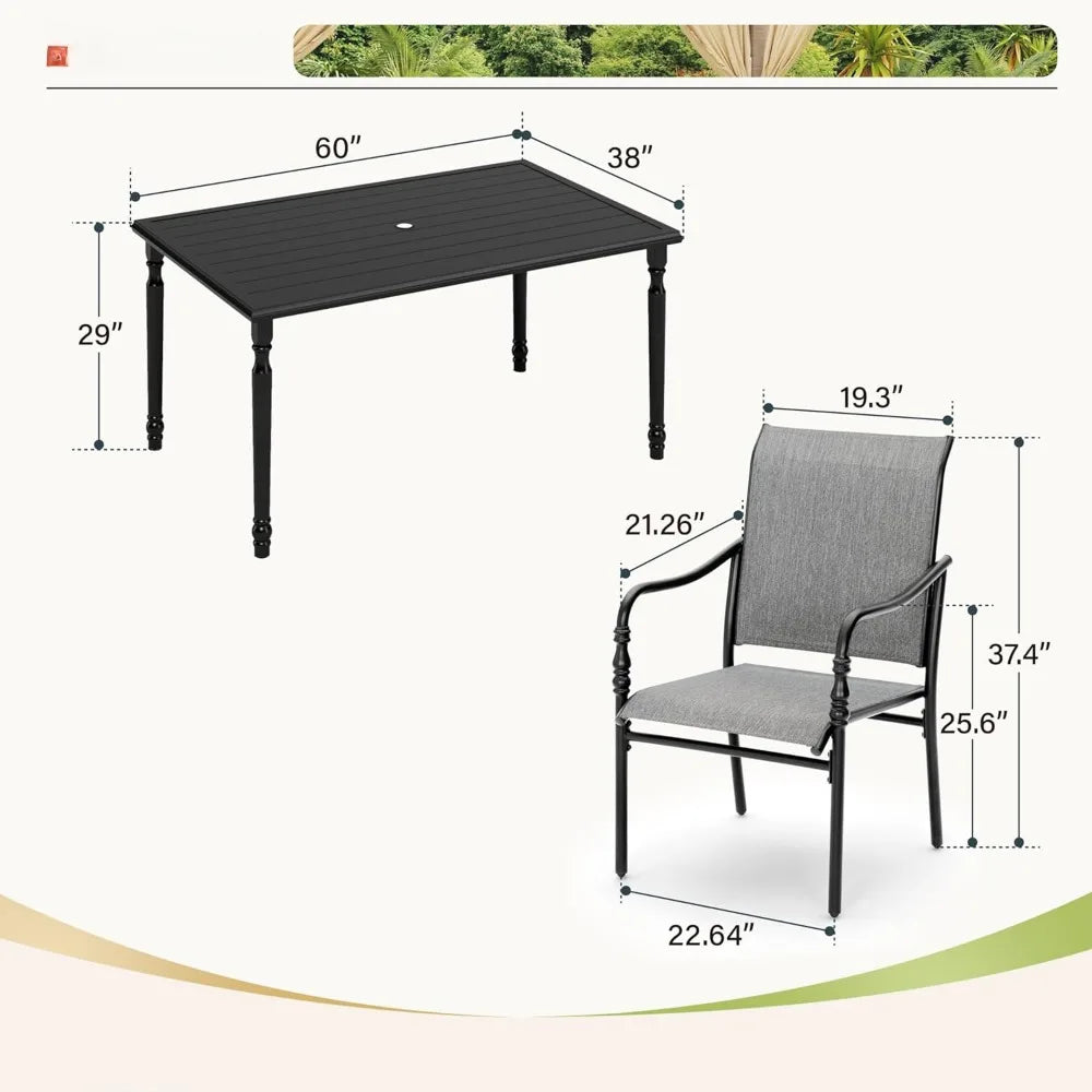 7Pieces Patio Dining Set,Textilene Dinings Chairs,60" Rectangular Outdoor DiningTable with1.77" Umbrella Hole, Patio Dining Set