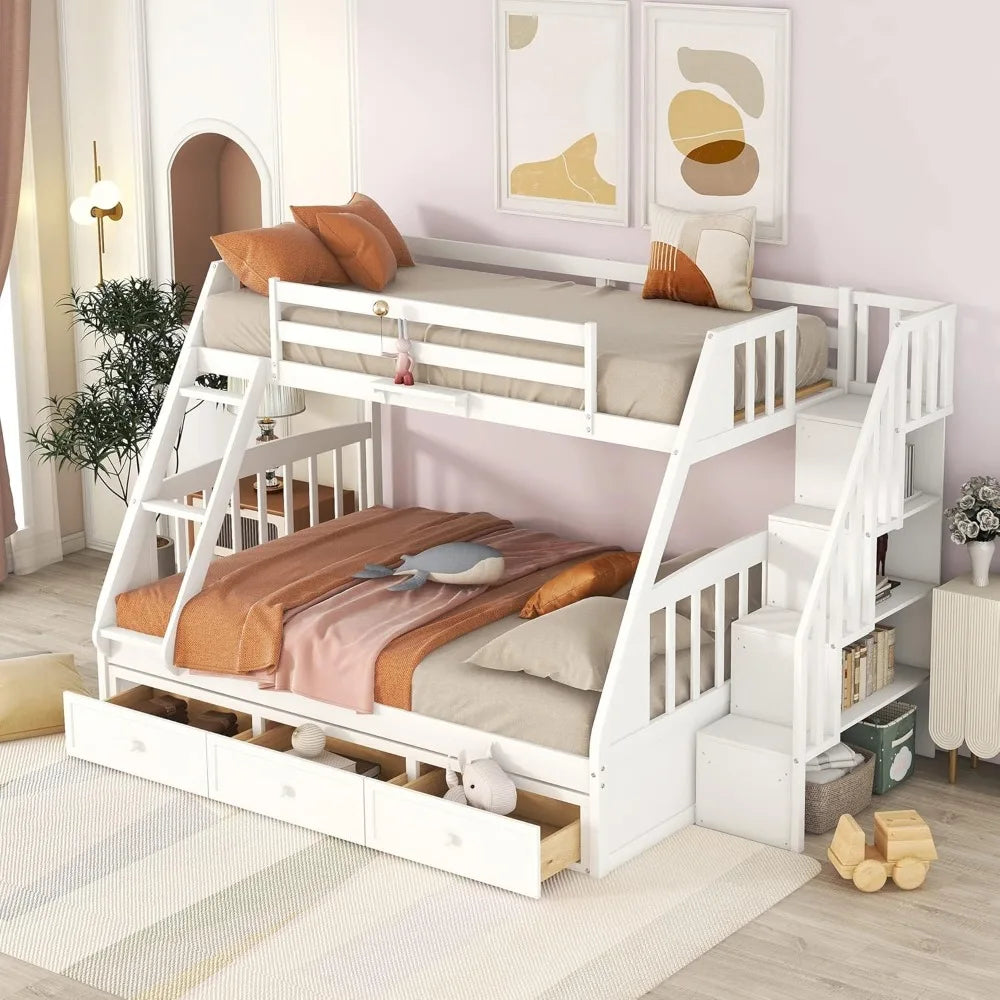 Twin-Over-Full Bunk Bed, with Stairs and Storage Drawers, Ladder, for Kids Teens Adults, Solid Wood Bunk Bed Frame