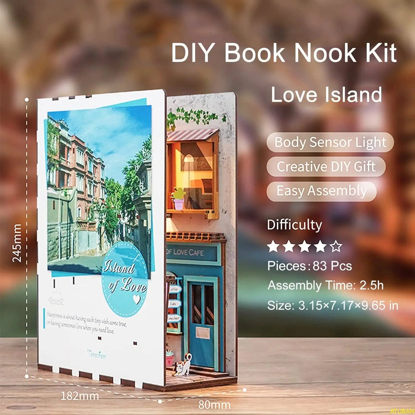 AMOBOX-Book Nook Kit with Sensor Lights, DIY 3D Wooden Puzzles, Dollhouse Bookshelf, Creativity Kit, Gifts for Teens and Adults