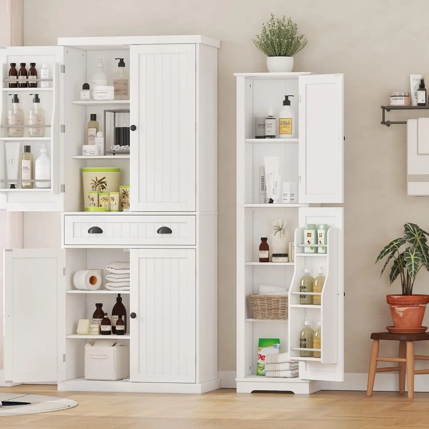 Tall Bathroom Storage Cabinet, 64" Slim Kitchen Pantry with Door Storage, Narrow Wood Freestanding Cabinets with Adjustable