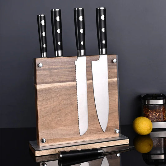 Magnetic knife block with transparent acrylic shields natural acacia wood knife stand with double-sided strong magnet