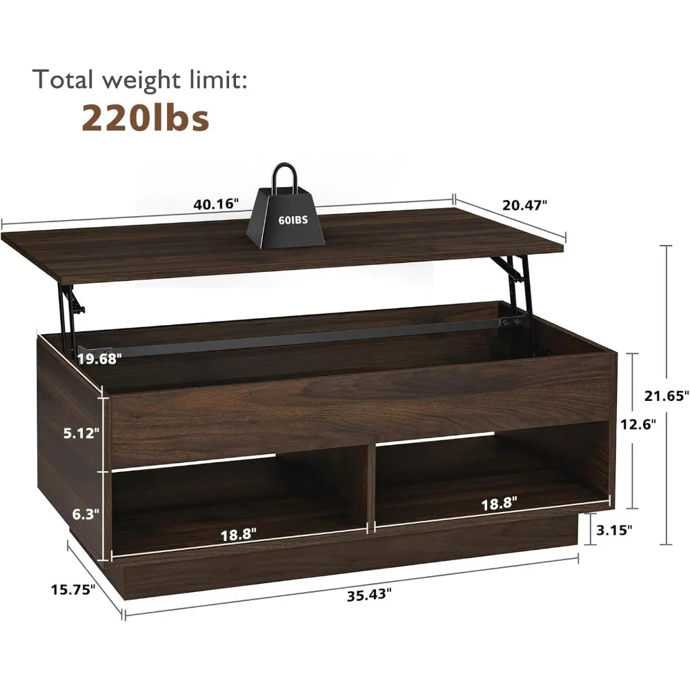 LED Lift Top Coffee Table and TV Stand Set of 2 Desk Coffee Table With Hidden Compartment & 2 Open Shelve Walnut Side Tables