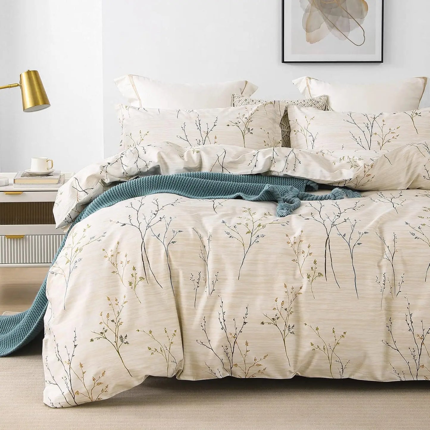 Cotton Duvet Cover Set - 100% Egyptian Cotton Cream Branch Print Bedding Set Queen Size - 1200 Thread Count Breathable