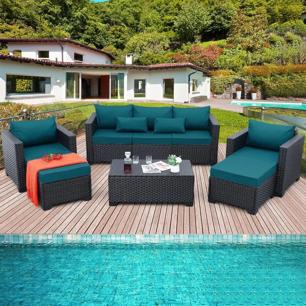 Patio Furniture Set, Chairs Coffee Table Peacock Blue Anti-Slip Cushions and Waterproof Covers,6 Pieces Outdoor Couch