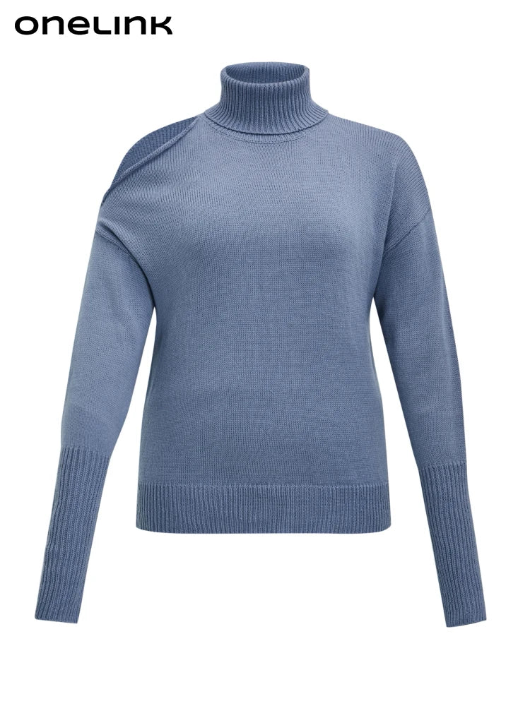 ONELINK Gloomy Blue Woolen Turn Down Mock Neck Plus Size Autumn Winter 2022 Pullover Women Sweater Hollow Out Shoulder Clothing