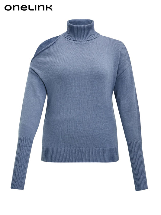 ONELINK Gloomy Blue Woolen Turn Down Mock Neck Plus Size Autumn Winter 2022 Pullover Women Sweater Hollow Out Shoulder Clothing