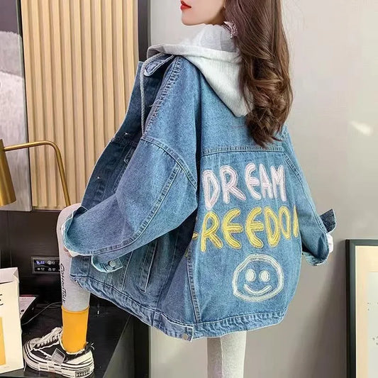 Women's Denim Jackets Outerwears Blue Graphic Female Jeans Coat with Print Spring Autumn Long Trench Mix Color New in On Sale