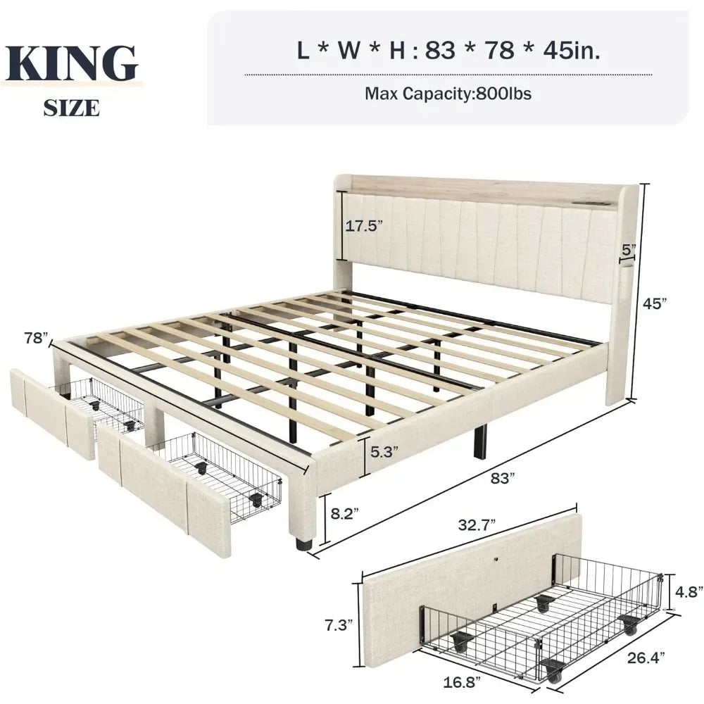 Bed Frame,Upholstered Platform Bed with Storage Drawers No Box Spring Needed Headboard and Charging Station bedstead