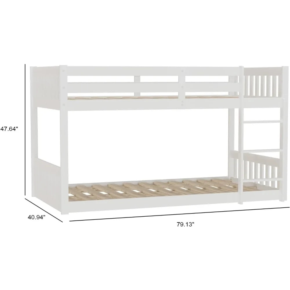 Bunk Bed for Kids/Toddlers/Junior, Bunk Bed Frame with Guardrails & Ladder for Boys Girls, No Box Spring Needed, White