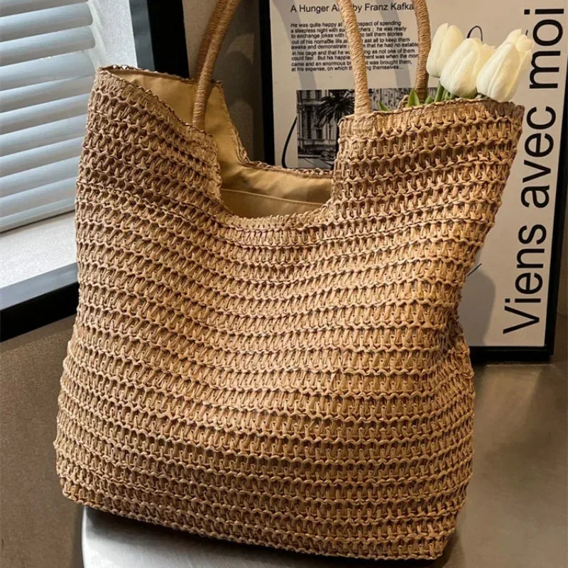 Women Summer Beach Straw Bags Handmade Rattan Woven Shoulder Bags Large Capacity Straw Bag Bohemian Casual Travel Handbag Totes