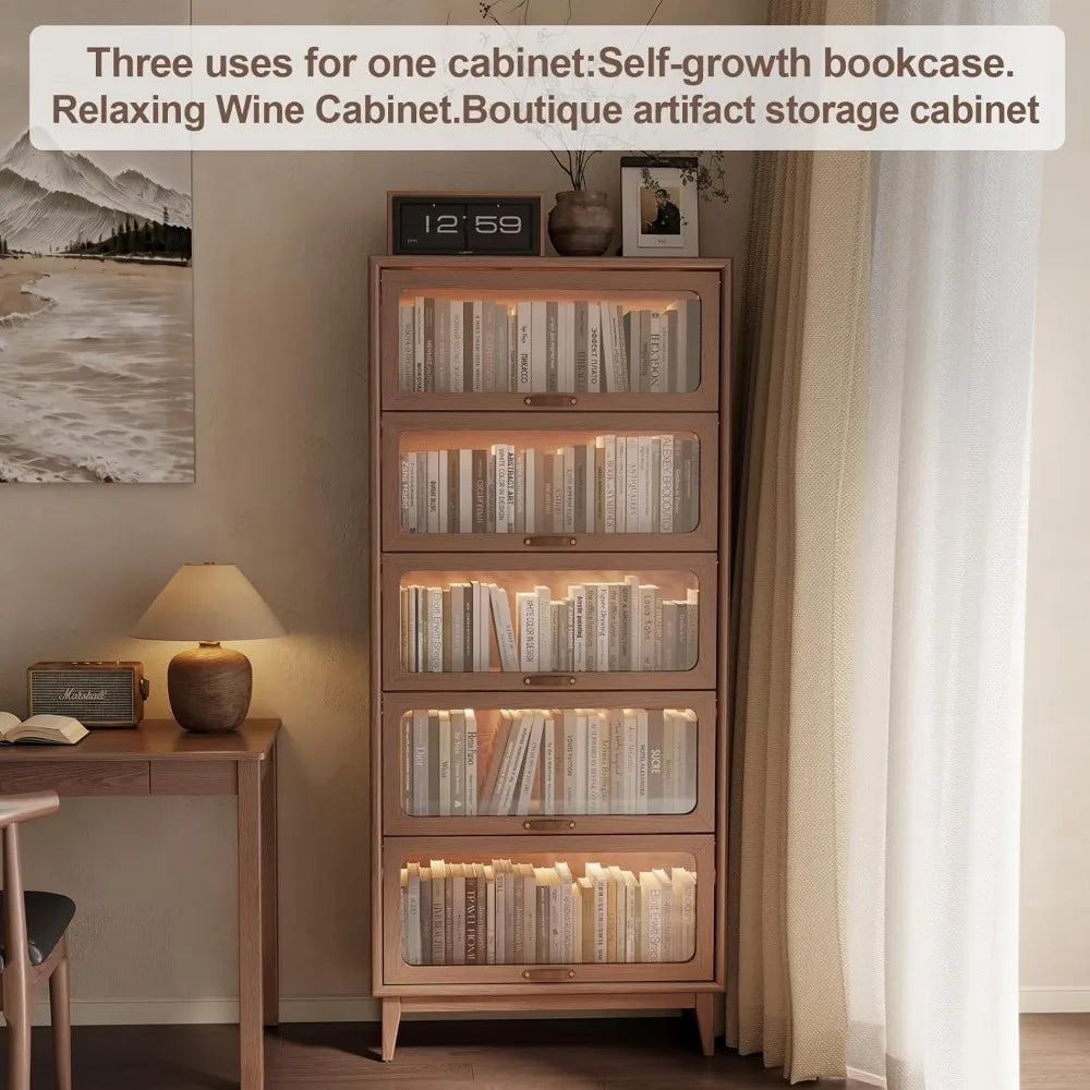 Wood Bookcase, 5 Tier Bookshelves with Tempered Cabinet Glass Doors 72 Inch, Bookshelf Versatile Storage Pantry