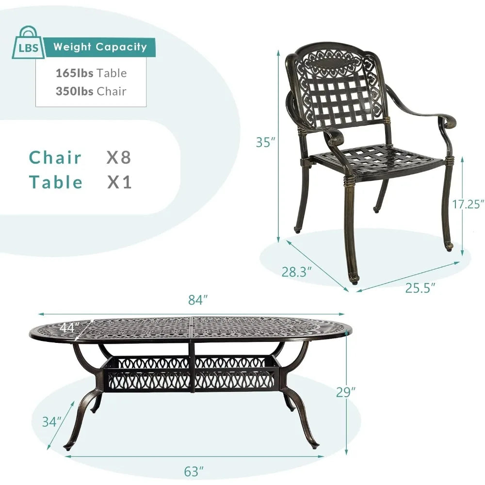 9-Piece Outdoor Furniture Dining Set,with 8 Chairs,1 Oval Table, 2" Umbrella Hole, All Weather Cast Aluminum Patio Garden Set