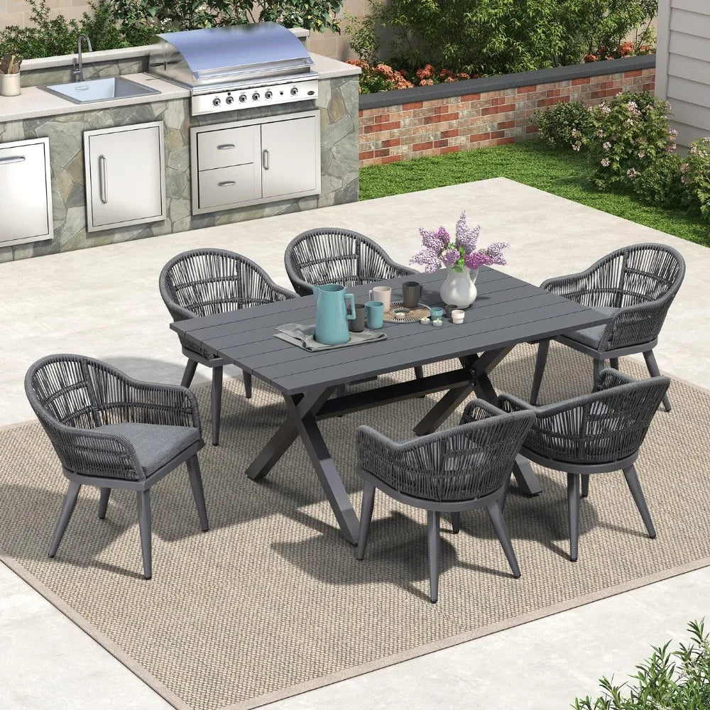 7 Pieces Patio Dining Set, with Outdoor Aluminium Dining Table and Woven Rattan Chairs ,Modern Metal Furniture Sets