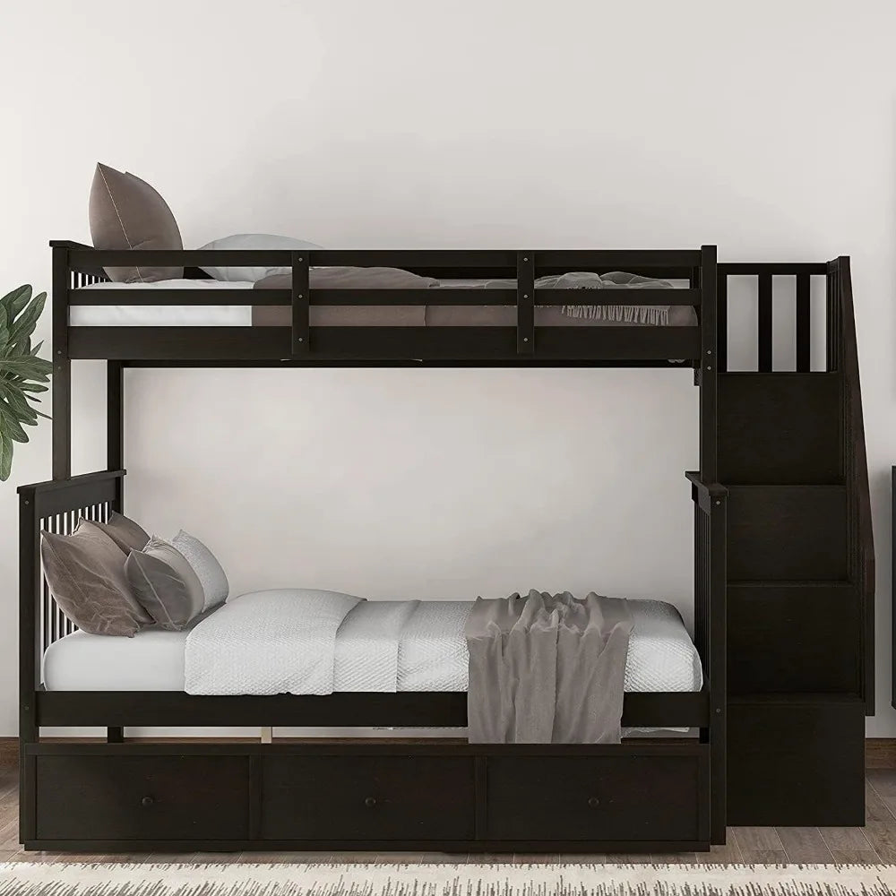 Bunk Bed ,with Stairs, with Storage Drawers and Shelves, No Box Spring Needed, Wood Bunk Bed Frame