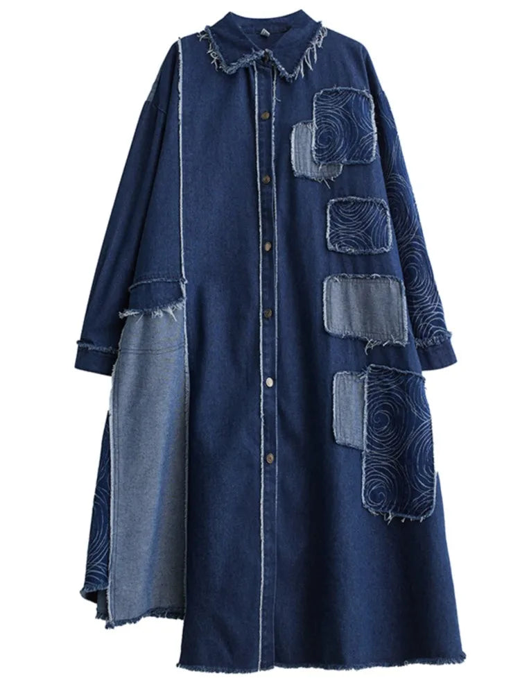 Oversized Denim Trench Autumn Winter Long Coat Women Irregular Modis Print Patchwork Ladies Jackets Loose Woman Jacket Coat 2023