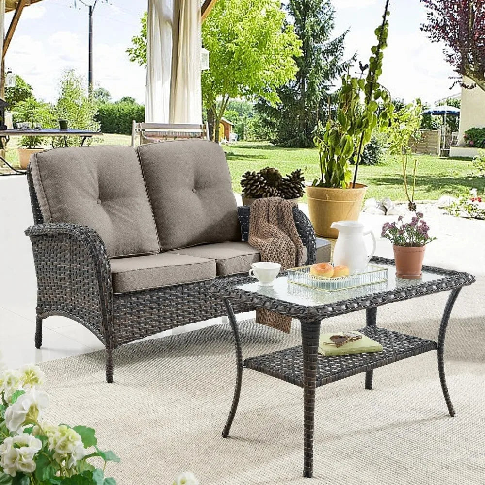 Outdoor Wicker Furniture Set, Rattan Loveseat Coffee Table for Patio Deck Porch Backyard, 5 Piece Small Patio Conversation Sets