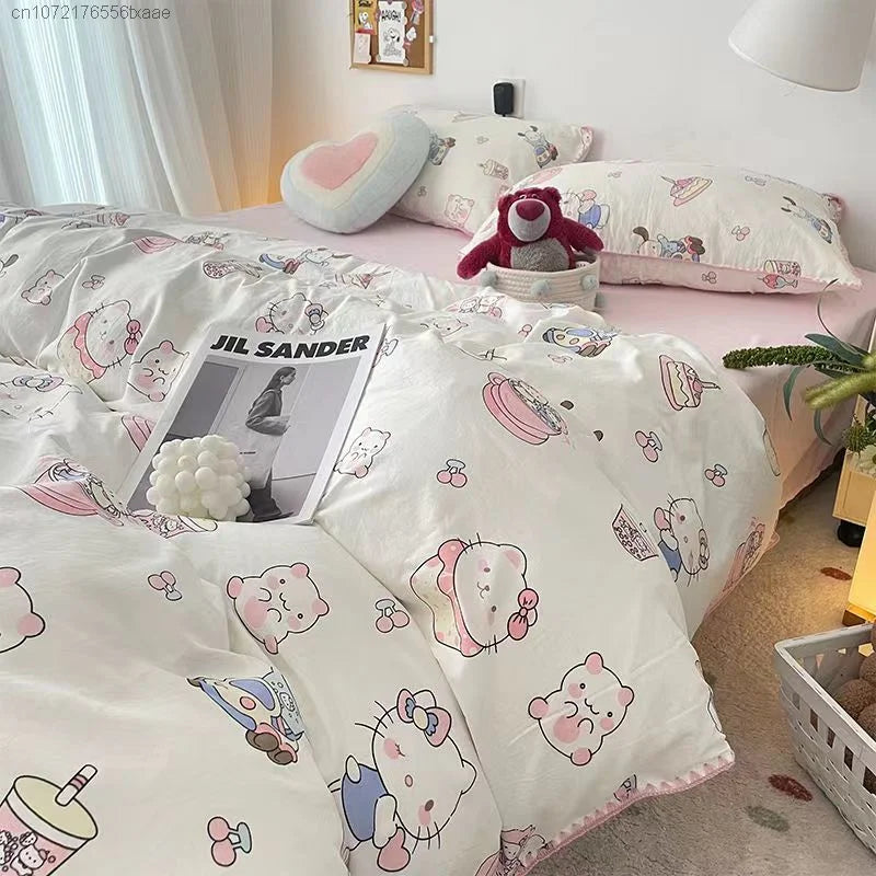 Sanrio Hello Kitty Cartoon Four Piece Sets Household Bedroom Sweet Cute Student Dormitory Bed Quilt Cover Sheet With Pillowcases