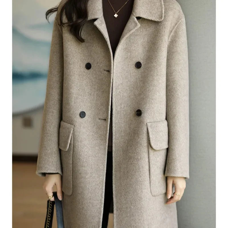 Woolen Jacket Women's Coffee Color Thickened Slim Fit Korean Style Loose Fit Medium Length Overcoat For Autumn/Winter 2024