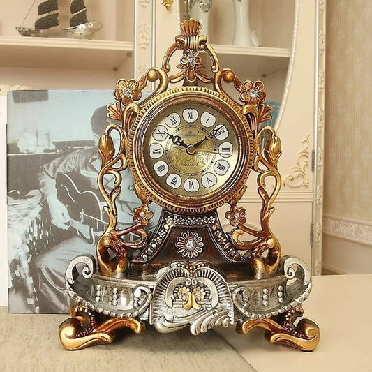 Vintage Table Clock, European Style French Decorative Analog Desk Clock, Non-Ticking, Battery Operated for Living Room Shelf