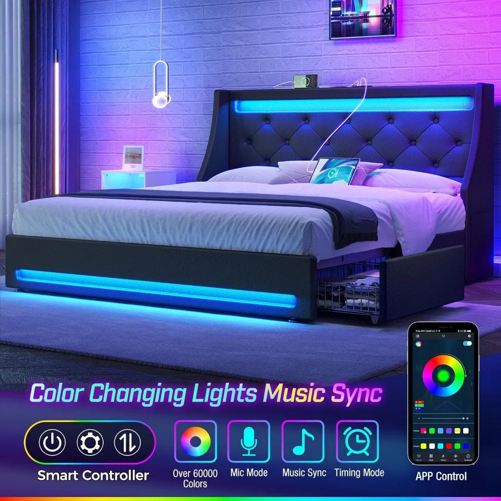 Bed Frame with LED Lights and Charging Station, PU Leather Bed with Drawers, Wooden Slats, Noise Free, Easy Assembly, Bed Frame