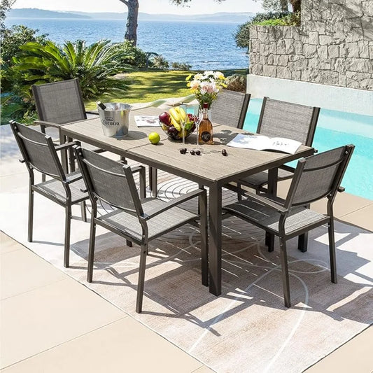 Patio Furniture Set for 7 Piece,with Weather Resistant Table 6 Stackable Textilene Chairs and Large Table, Outside Furniture Set