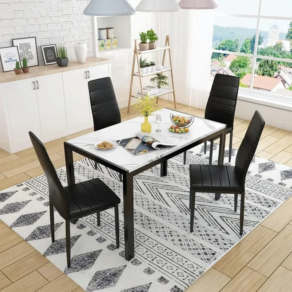 5-Piece Faux Marble Kitchen Table & Chair Set,Modern Compact Space for Home,4 PU Metal Frame Chairs for Small,M comedor4 sillas