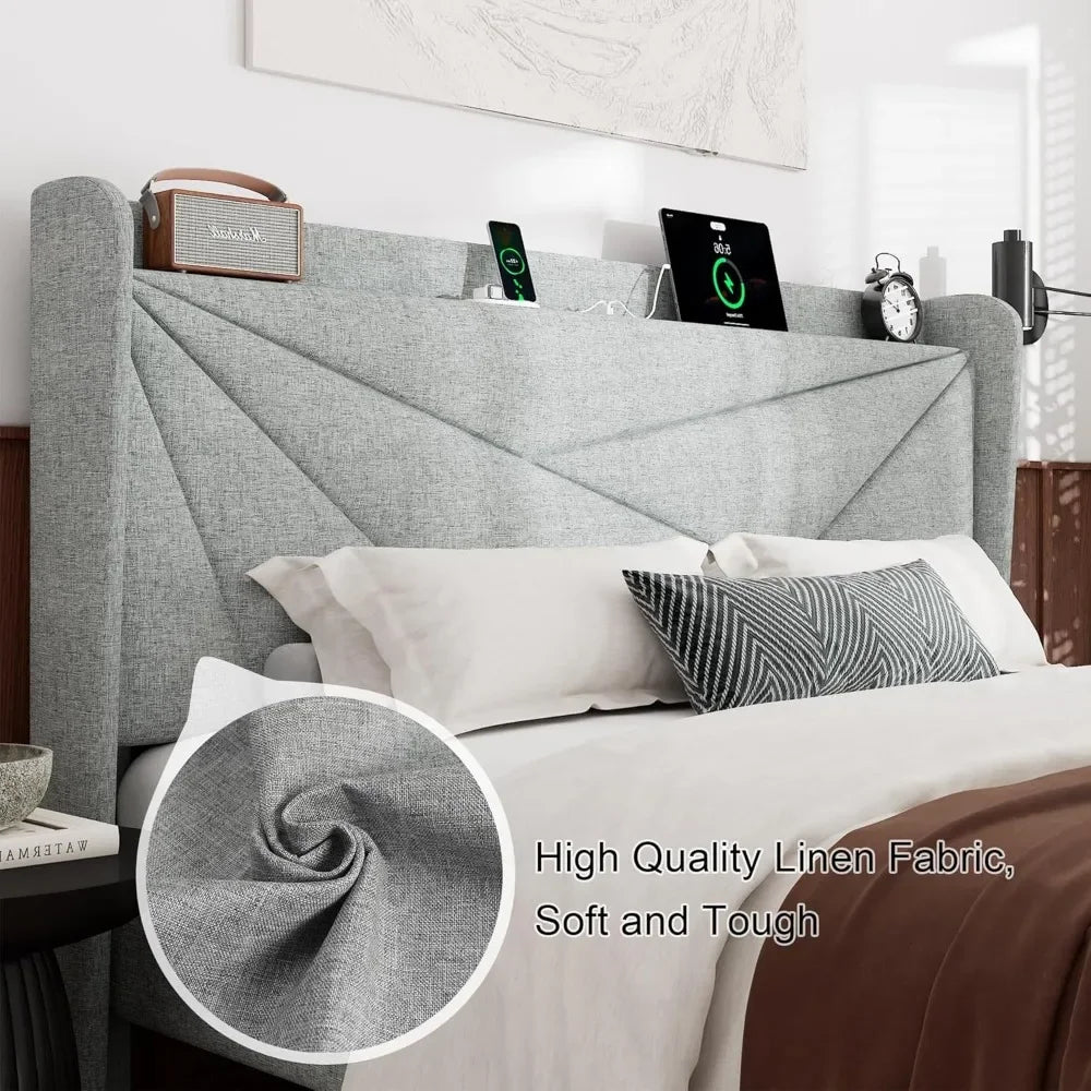 King Size Bed Frame, Modern Bed Frame with Charging Station, Wingback Storage Headboard, Solid Wood Slats Support