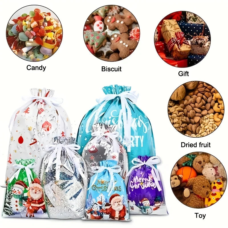 21pcs Christmas Gift Bags Drawstring Wrapping Sacks Festive Holiday Presents Packaging, Xmas Themed PP Party Favor candy Bag