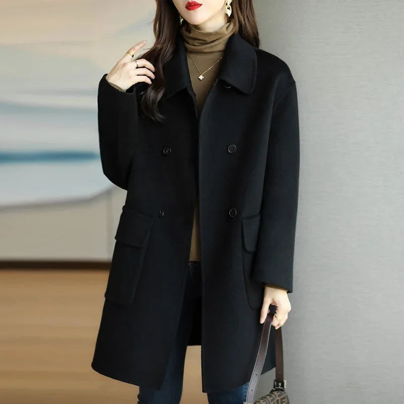 Woolen Jacket Women's Coffee Color Thickened Slim Fit Korean Style Loose Fit Medium Length Overcoat For Autumn/Winter 2024