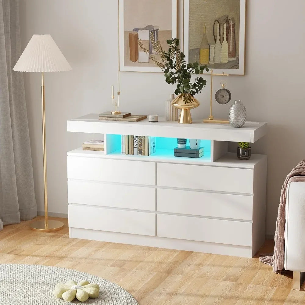 White Dresser for Bedroom with Charging Station and LED Lights, 6 Drawer Dresser Chests of Drawers, Wood Dresser