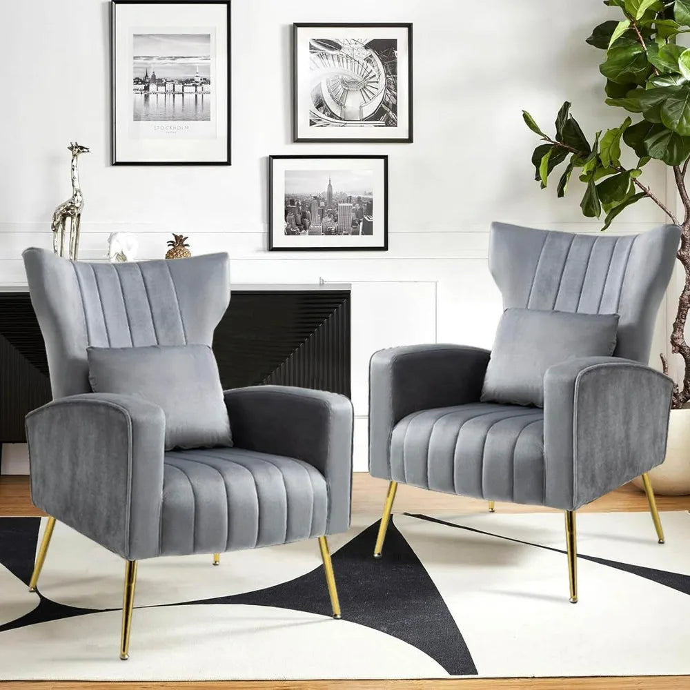 Velvet Accent Arm Chairs Set of 2 with Wingback & Lumbar Pillow, Mid-Century Modern Armchairs for Living Room Bedroom,