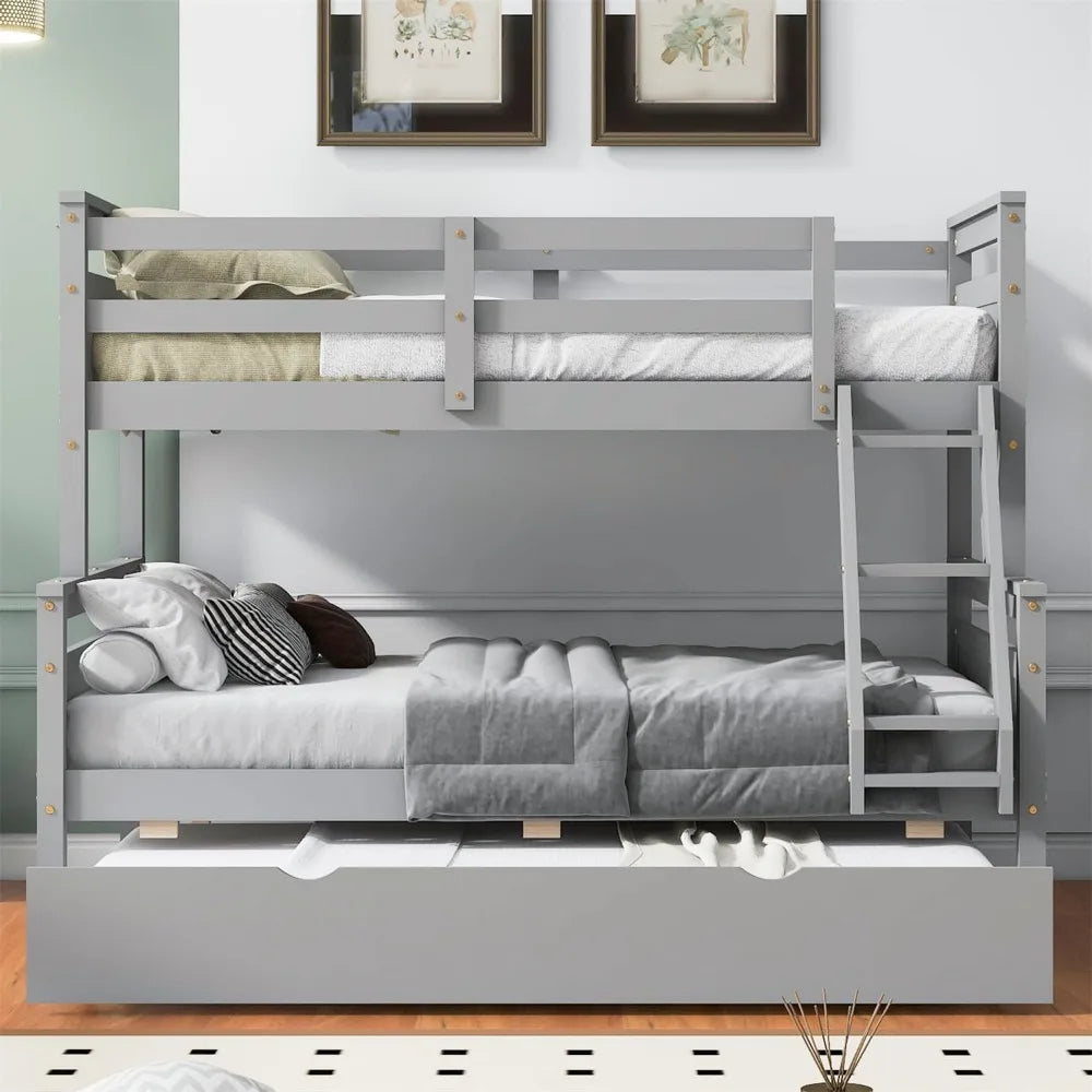 Bunk Bed, Twin Over Full Wood Bunks Beds with Twin Size Trundle,  with Guardrail and Ladder, Solid Wood Bunk Bed Frame