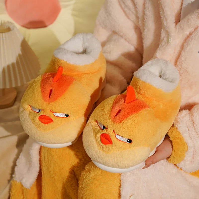 New Cute Cartoon Indoor Slippers For Women Men Funny Yellow Chicken Winter Warm Fluffy Shoes Couples Home Floor Snoot Boots