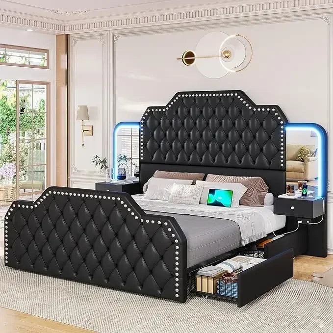 Queen Size 53” Tall Platform Bed Frame With 4 Storage Drawers Built in Charging Station & LED Bedroom Black Headboards Under Bed