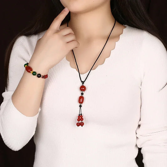 Natural Red Agate Woolen Chain Necklace Pendant Long Pendant Simple Exquisite Chinese Ethnic Style All-match Jewelry Set Women's