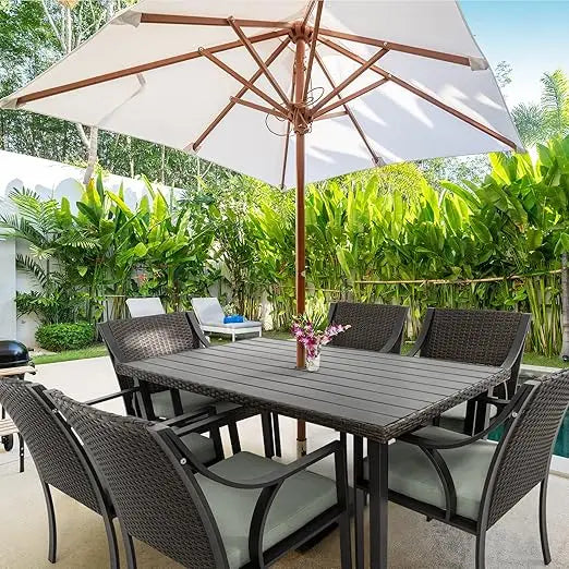 7 Piece Patio Dining Set,Wicker Rattan Patio Dinings Furniture Set with Umbrella Hole,Wicker Outdoor Dining Sets