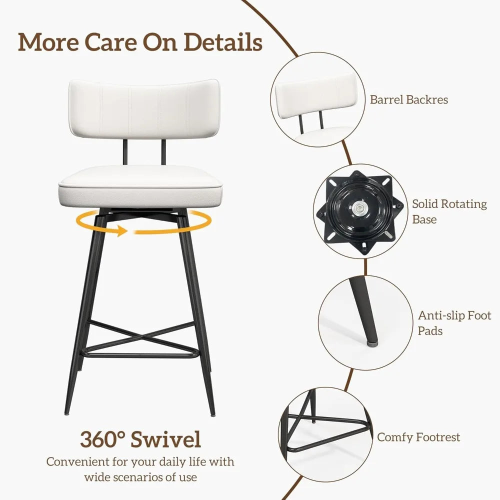 Swivel Bar Stools Set of 2, 26" Modern Counter Height Barstools, Leather Kitchen Stools with Back Footrest Metal Legs Bar Chairs