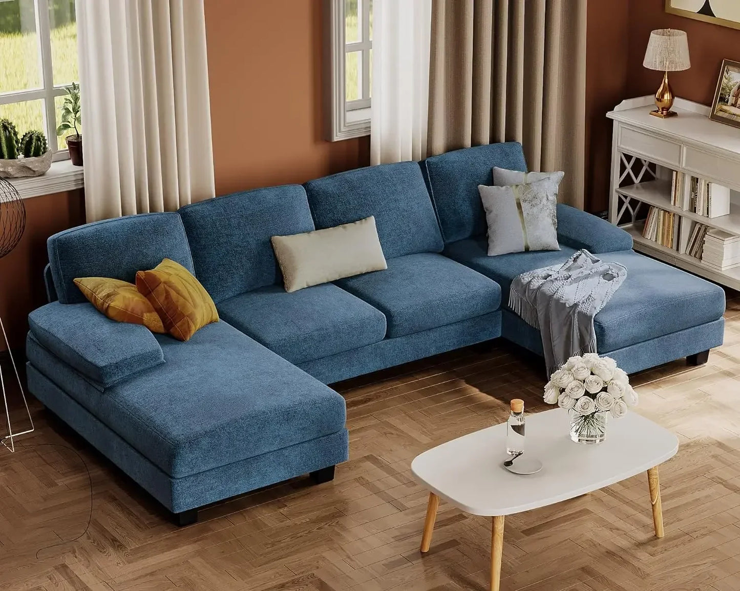 Sectional Couches for Living Room, U-Shaped Sofa Couch with Linen Fabric, 4 Seat Sofa Set with Double Chaise