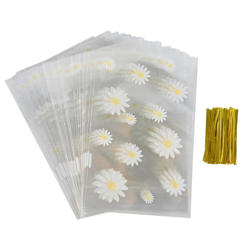 50Pcs Daisy Flower Candy Cookie Bags Clear Biscuit Baking Packaging Bag Kids Birthday Party Gift Wrapping Wedding Decor Supplies