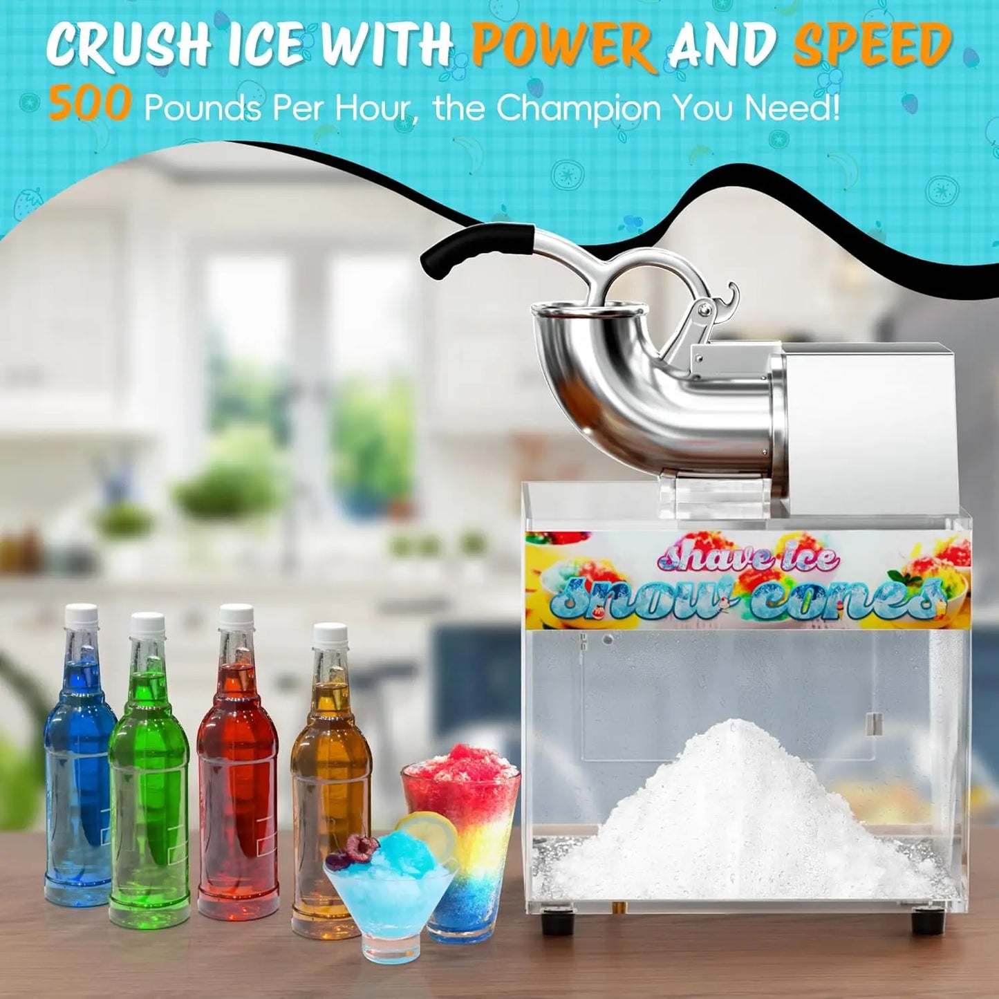 Cone Machine, 500LB/H Commercial Shaved Ice Machine for Snow Cones, 300W Electric Fluffy Snow Cone Maker for Party