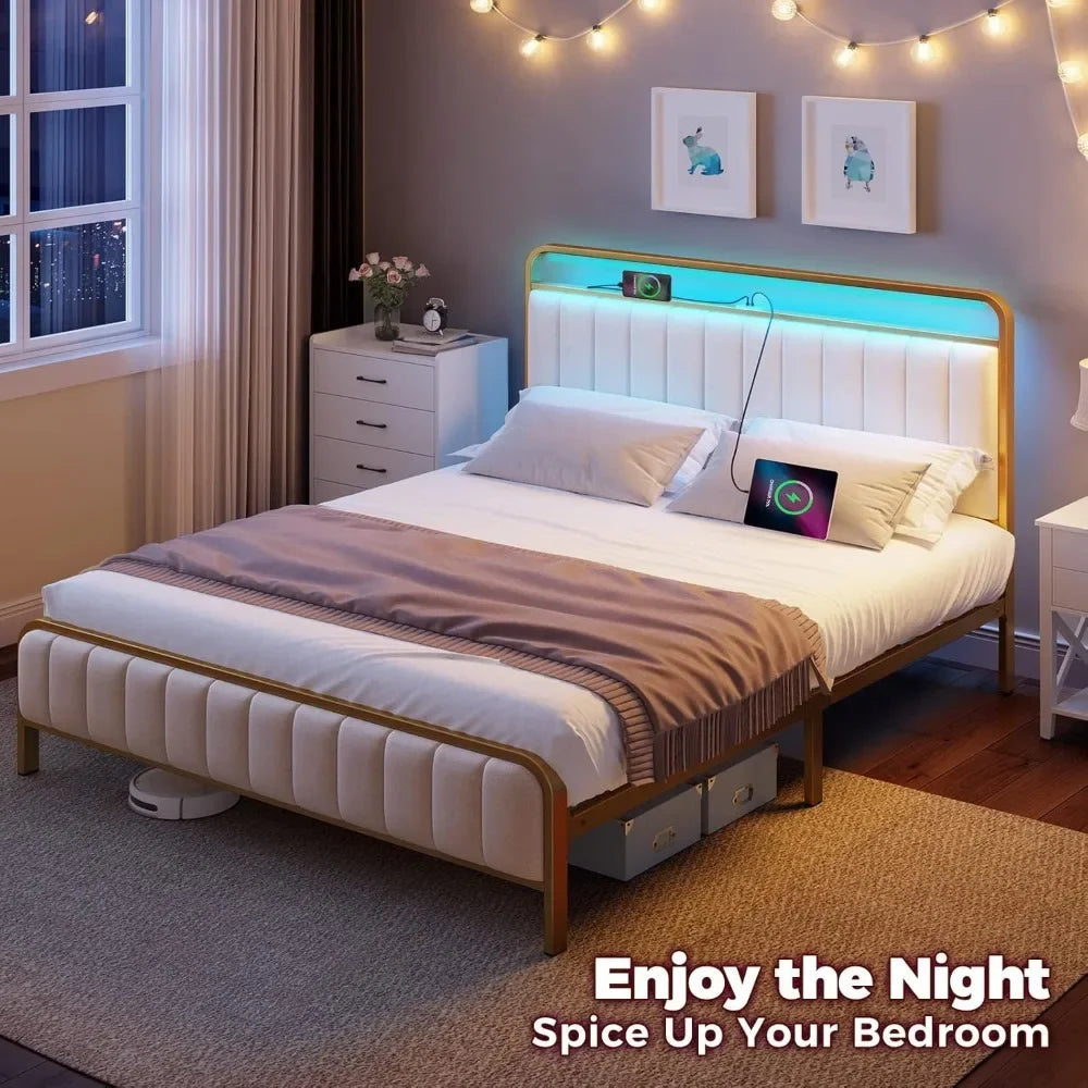 Queen Size Bed Frame with LED Light and Charging Station, Upholstered Headboard and Footboard, Metal Slat, Noise Free Bed