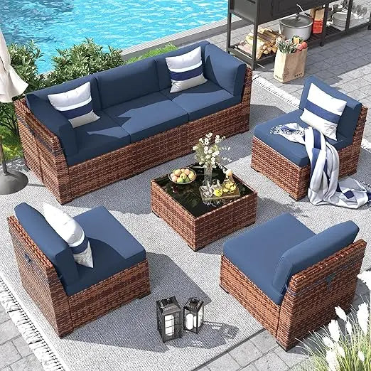 Patio Furniture Set, Sectional Sofa, for All Weather Rattan Patio Couch for Porch Garden Backyard ,7 Pieces Outdoor Sofa Sets