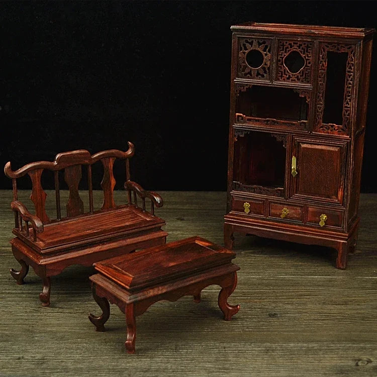 Miniature Furniture Chinese Retro Table Chair Mahogany Sofa Bed Model Doll House Dresser Wardrobe Screen Solid Wood Accessories